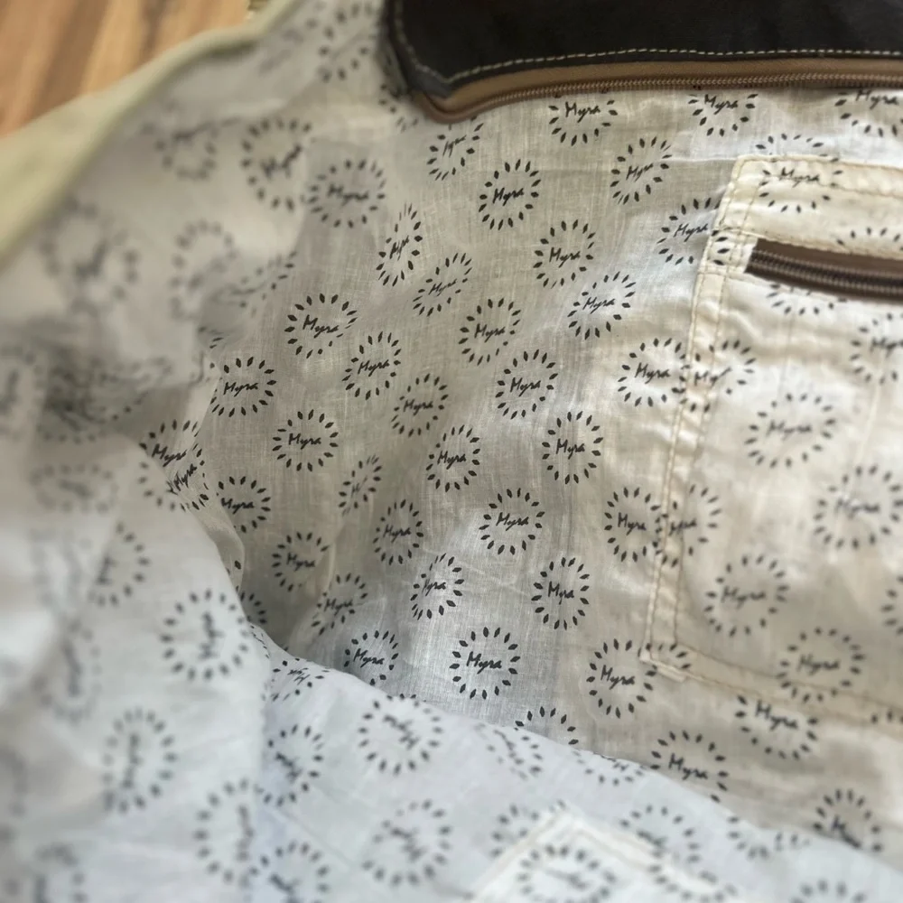 Myra Bag upcycled canvas & cowhide weekender bag